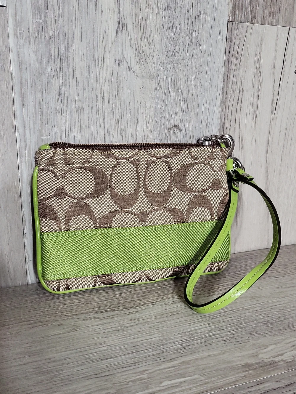 Coach Signature Wristlet Lime Green Trim Khaki Jacquard Wrist Strap Mini Pouch